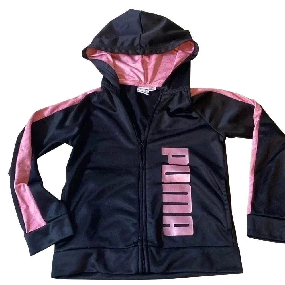 Puma Girls Black and Pink Full Zip Hooded‎ Track Jacket Size 6 Logo Activewear